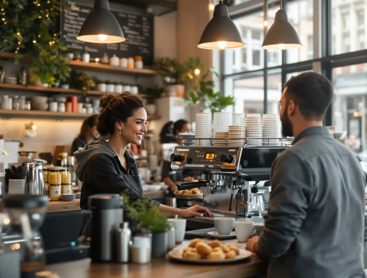 A café owner serving a customer at the counter