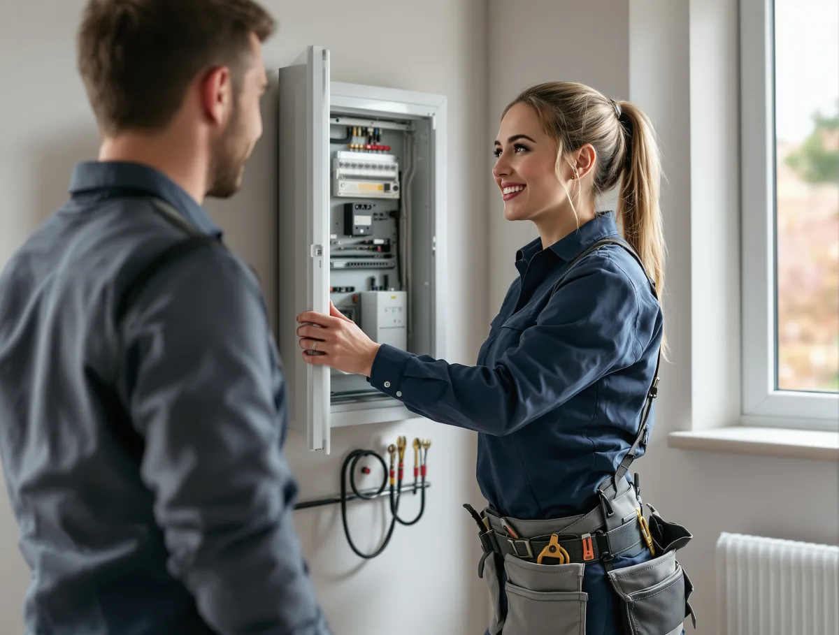 An electrician checking a consumer unit while the homeowner watches