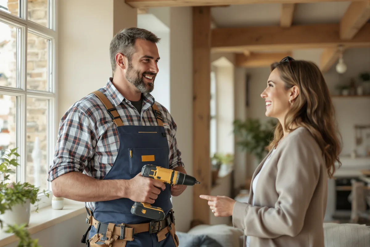 A joiner talking a homeowner through a finished renovation