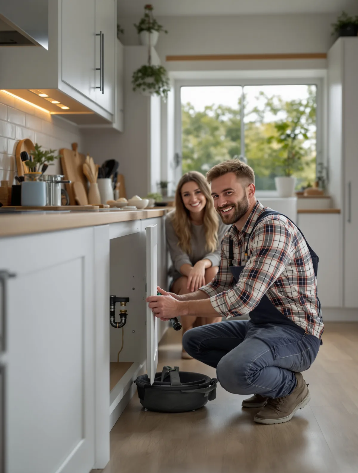 A plumber working on pipework under a kitchen sink