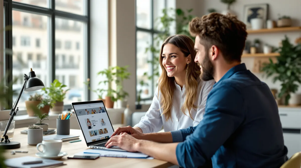 Two colleagues looking at their new website on a laptop